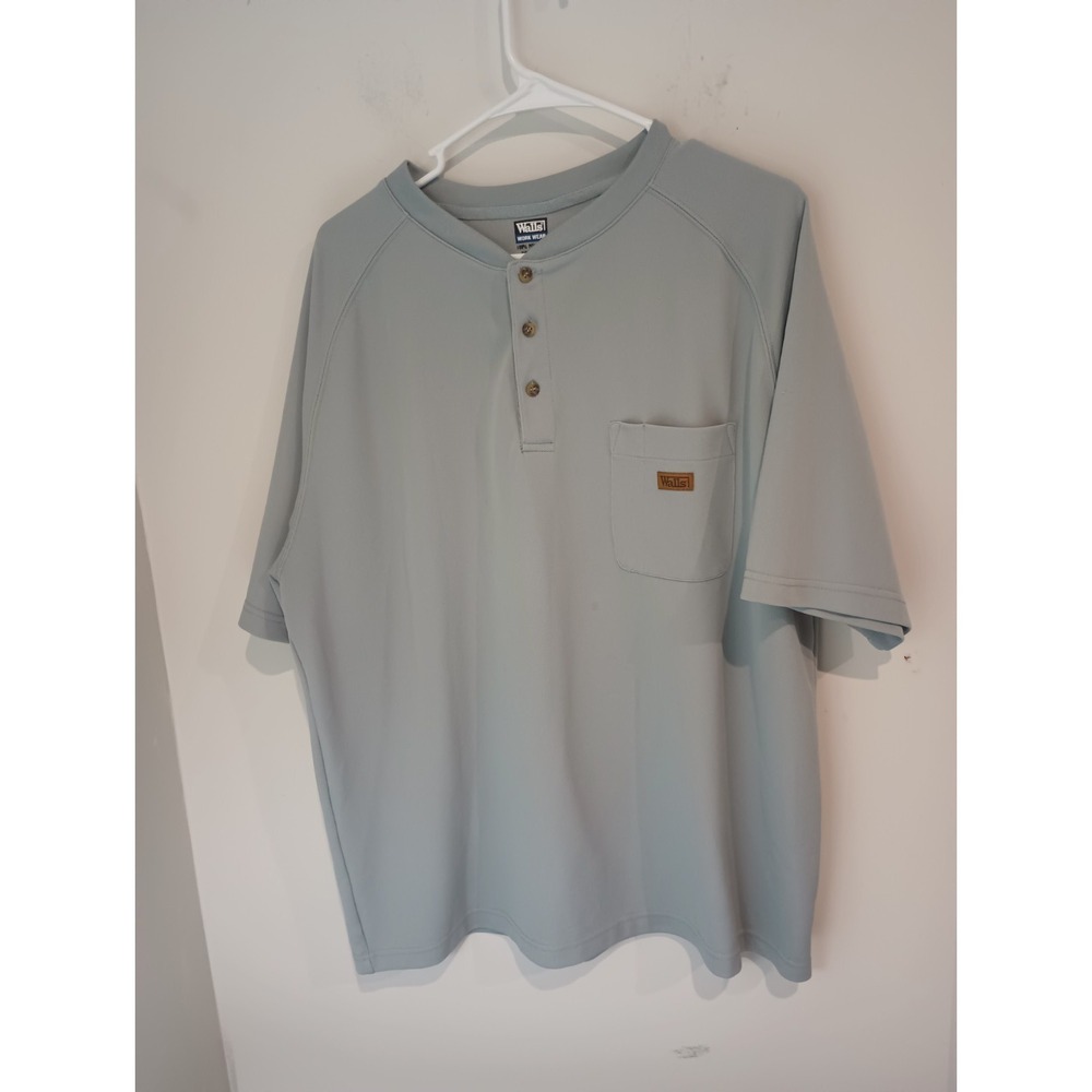 Walls Workwear Men's Short Sleeve Henley Shirt XL Pocket Gray Blue Polyester